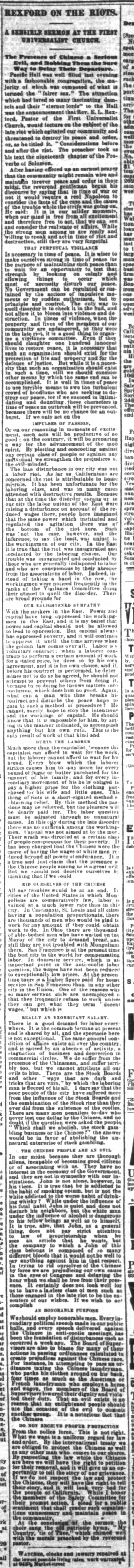 Newspaper article thumbnail: Reford on the Riots from San Francisco Chronicle, 1877-08-13