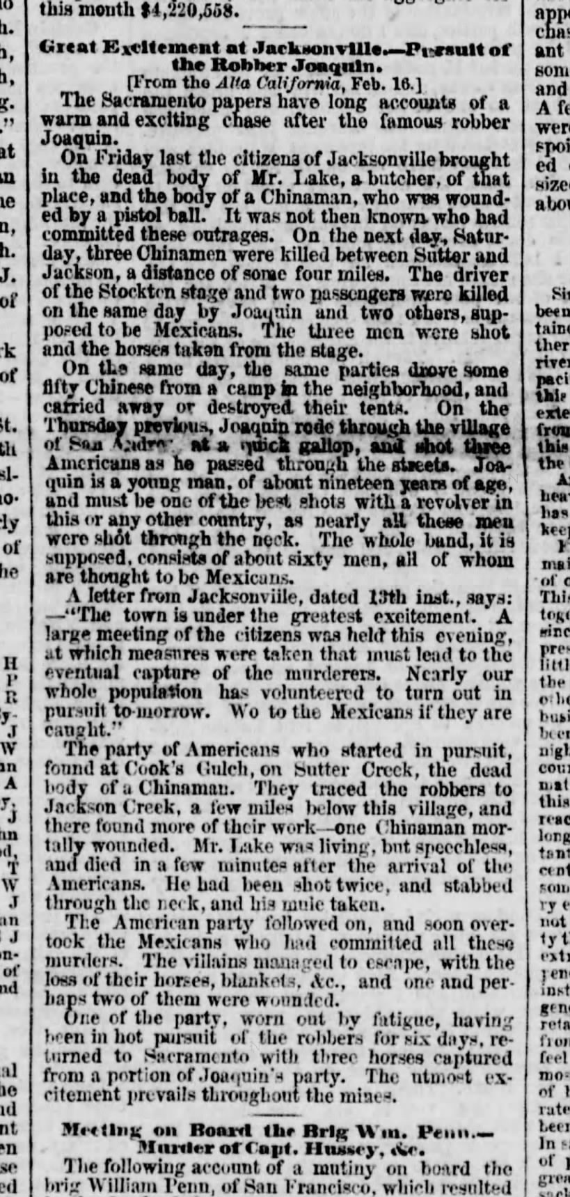 Newspaper article thumbnail: Great Excitement at Jacksonville—Pursuit of the Robber Joaquin from New York Daily Herald, 1853-03-15