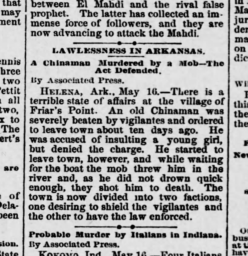Newspaper article thumbnail: Lawlessness in Arkansas from Harrisburg Telegraph, 1885-05-16