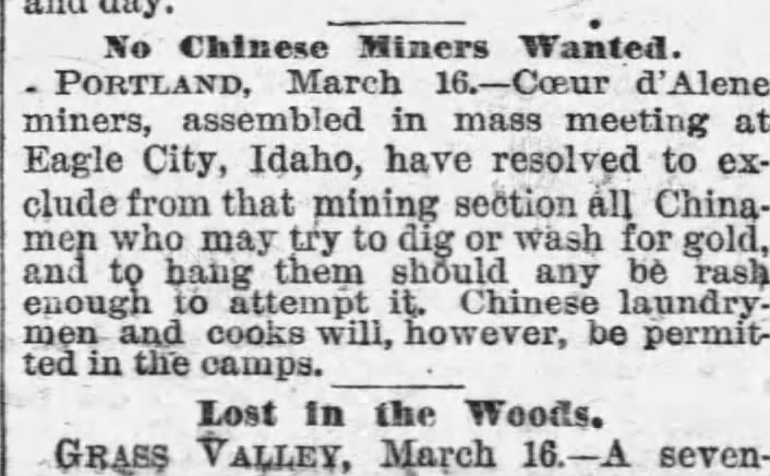 Newspaper article thumbnail: No Chinese Miners Wanted. from The San Francisco Examiner, 1884-03-17
