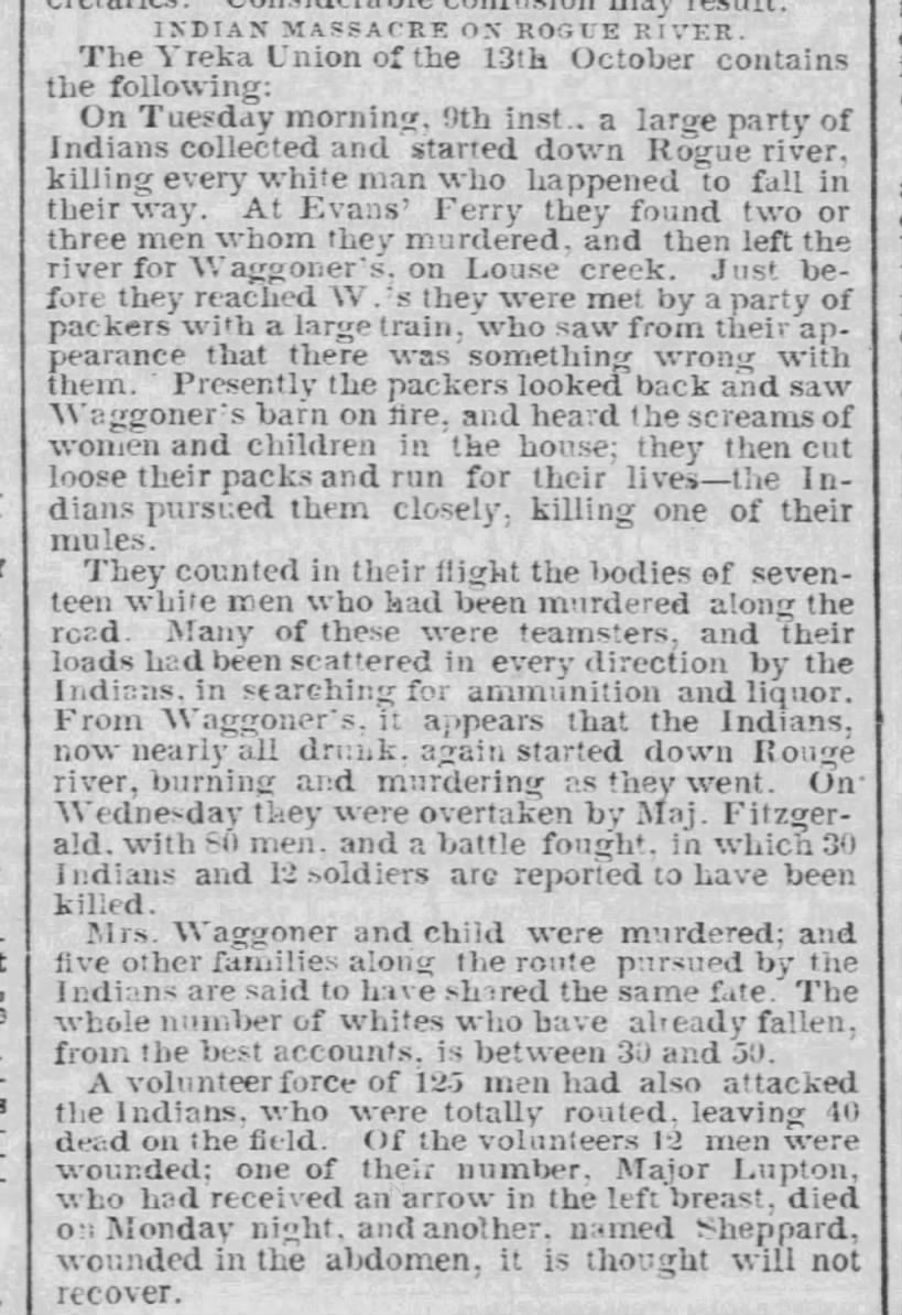Newspaper article thumbnail: Indian Massacre on Rogue River from The Baltimore Sun, 1855-11-13