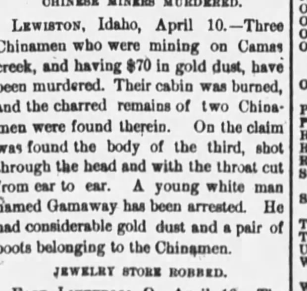 Newspaper article thumbnail: Chinese Miners Murdered from Rutland Daily Herald, 1882-04-11