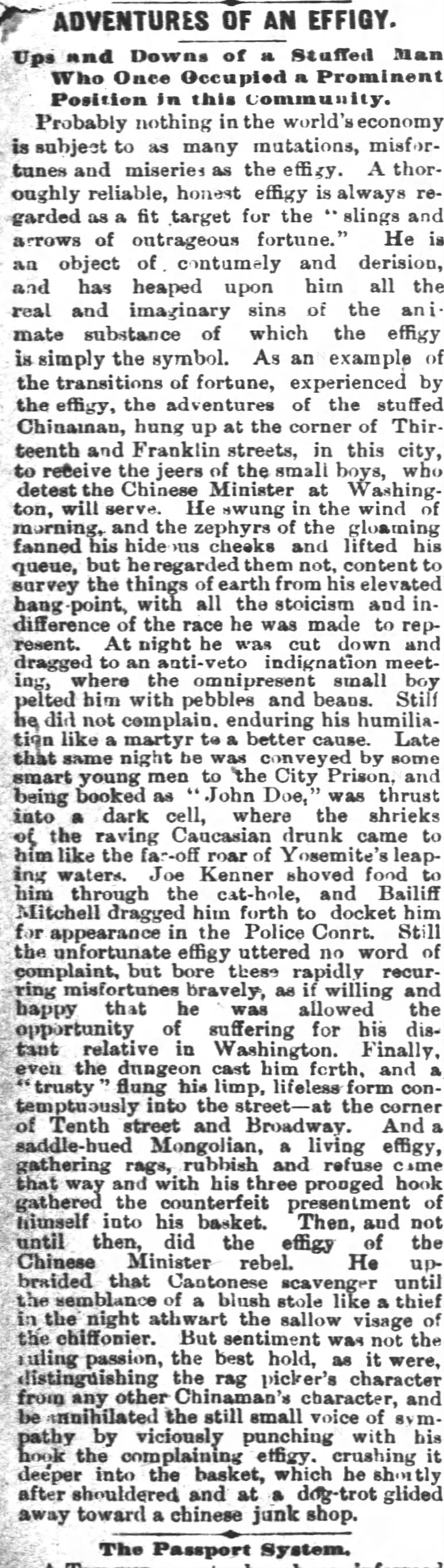 Newspaper article thumbnail: Adventures of an Effigy from Oakland Tribune, 1882-04-13