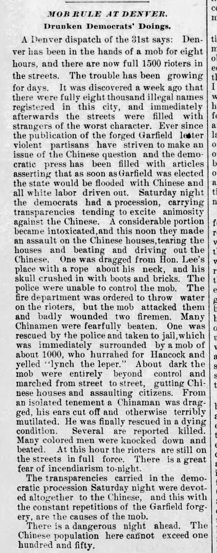 Newspaper article thumbnail: Mob Rule at Denver: Drunken Democrats’ Doings. from St. Albans Daily Messenger, 1880-11-01