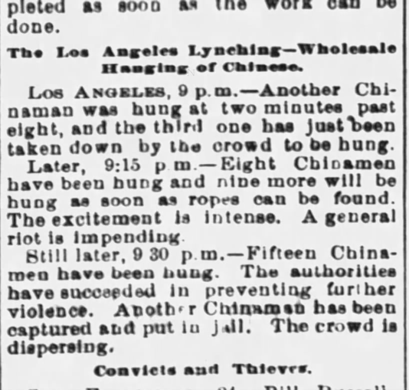 Newspaper article thumbnail: The Los Angeles Lynching—Wholesale Hanging of Chinese. from The Deseret News, 1871-10-25