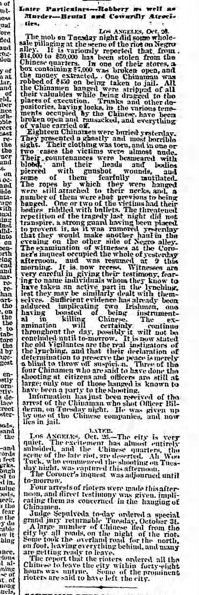 Newspaper article thumbnail: Later Particulars—Robbery as well as Murder—Brutal and Cowardly Atrocities from Chicago Tribune, 1871-11-07