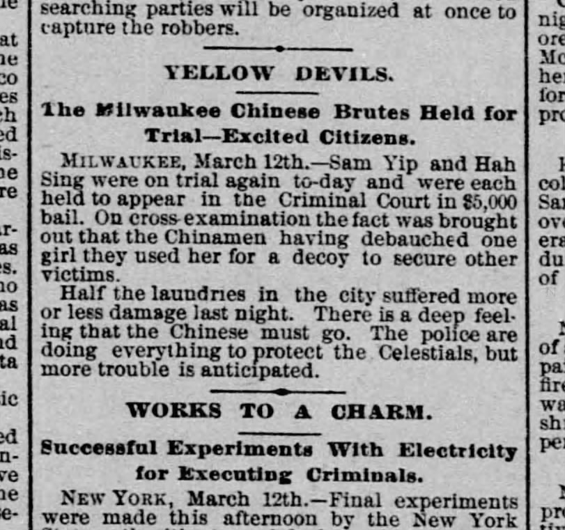 Newspaper article thumbnail: Yellow Devils: The Milwaukee Chinese Brutes Held for Trial—Excited Citizens from The Sacramento Union, 1889-03-13