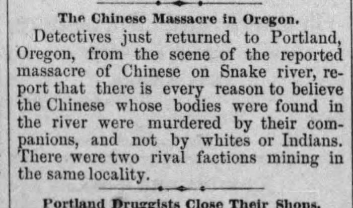 Newspaper article thumbnail: The Chinese Massacre in Oregon from Lancaster New Era, 1887-07-18