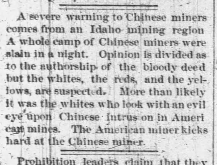 Newspaper article thumbnail: A severe warning to Chinese miners comes from an Idaho mining region. from The Lebanon Express, 1887-07-01