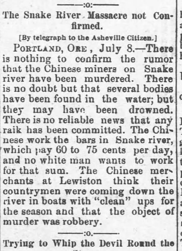 Newspaper article thumbnail: The Snake River Massacre not Confirmed from Asheville Citizen-Times, 1887-07-09