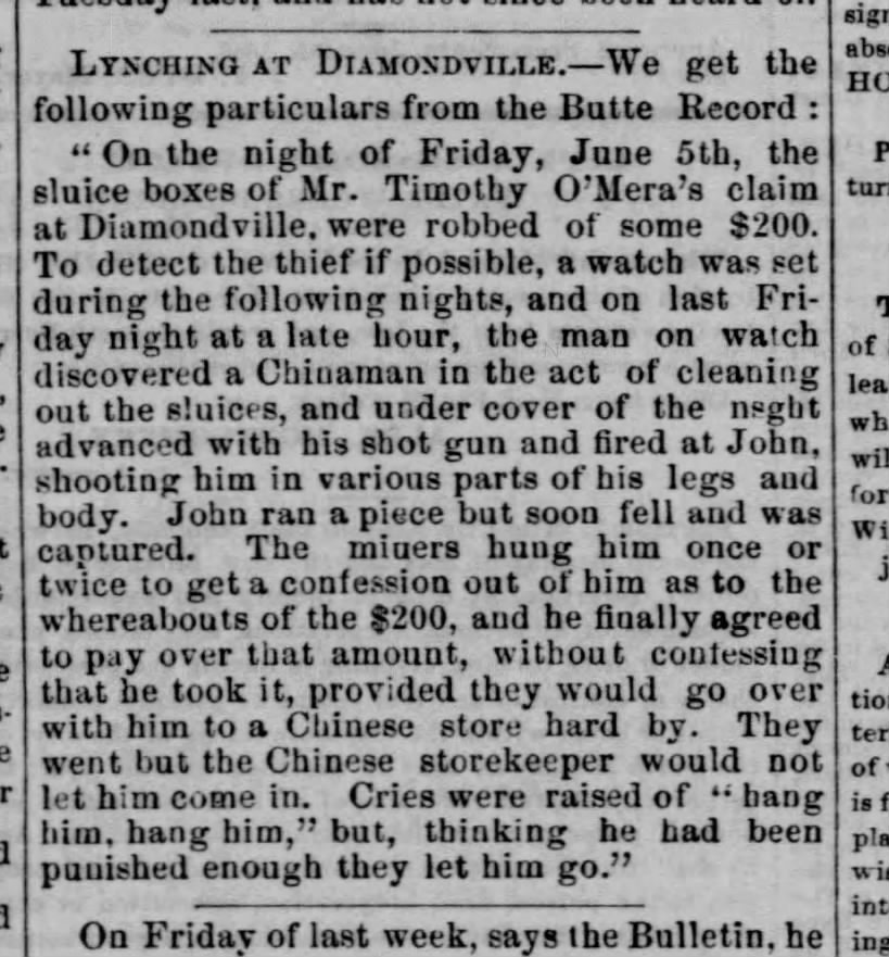 Newspaper article thumbnail: Lynching at Diamondville from The Sacramento Bee, 1857-06-20