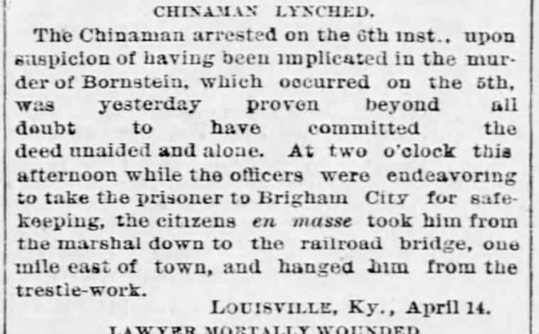 Newspaper article thumbnail: Chinaman Lynched from The St. Louis Republican, 1874-04-15