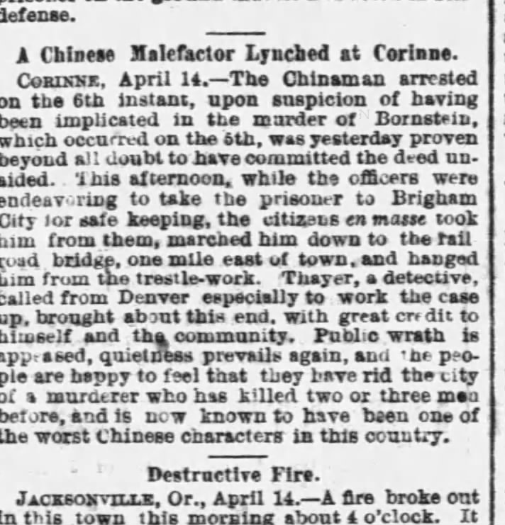Newspaper article thumbnail: A Chinese Malefactor Lynched at Corinne from The San Francisco Examiner, 1874-04-15