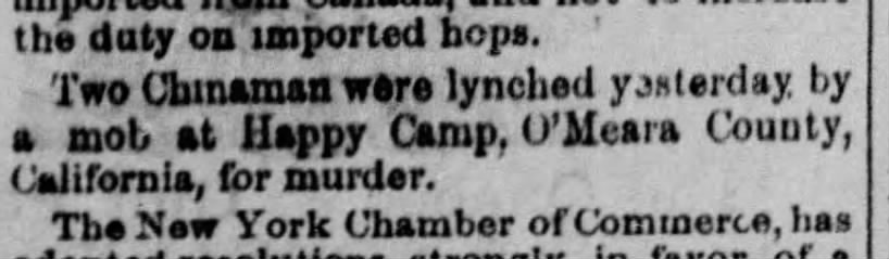 Newspaper article thumbnail: Two Chinamen Lynched at Happy Camp from Ottawa Daily Citizen, 1874-06-05