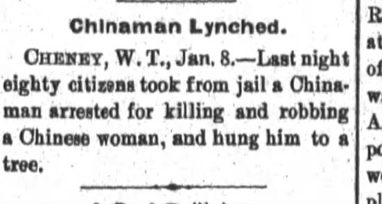 Newspaper article thumbnail: Chinaman Lynched from The Fort Wayne News And Sentinel, 1883-01-08