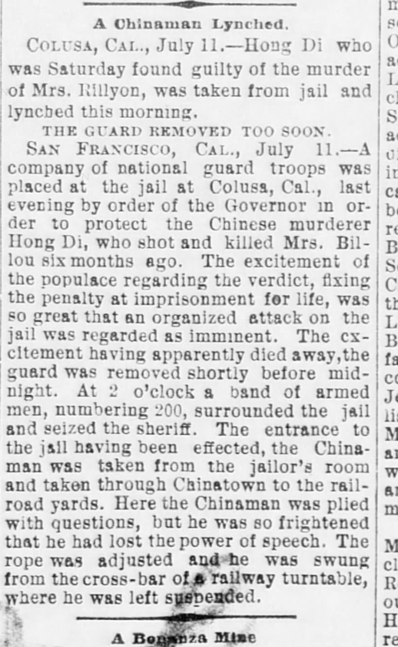 Newspaper article thumbnail: A Chinaman Lynched from Fort Worth Daily Gazette, 1887-07-12