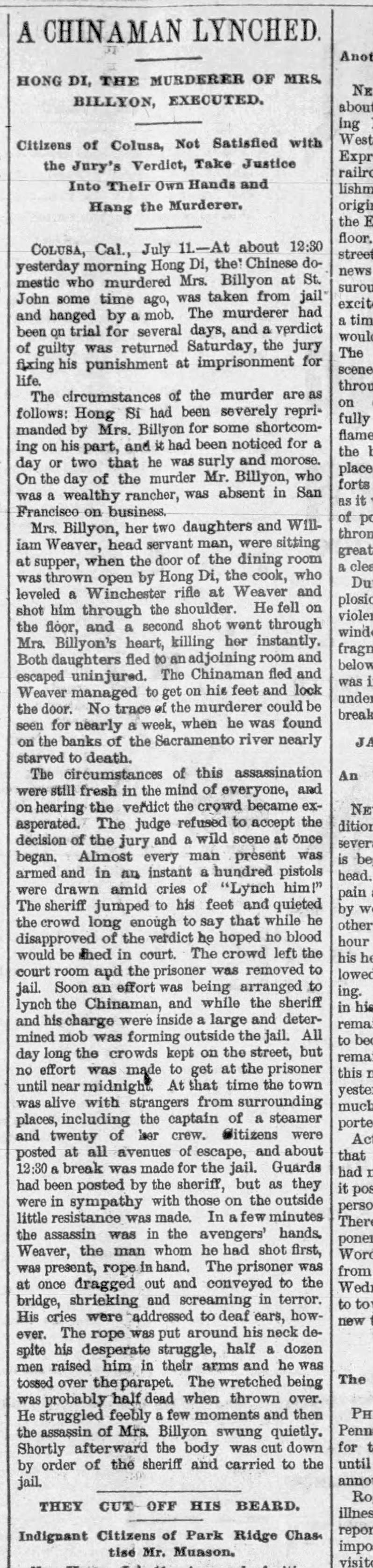 Newspaper article thumbnail: A Chinaman Lynched from Wilkes-Barre Times Leader, the Evening News, 1887-07-12