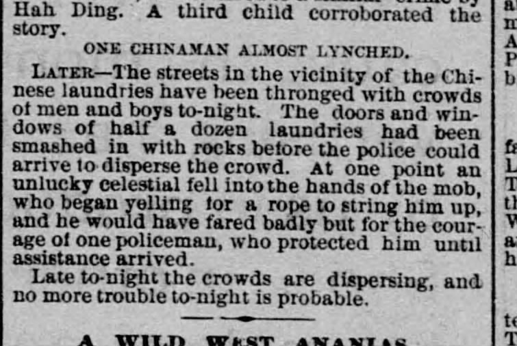 Newspaper article thumbnail: One Chinaman Almost Lynched from The Sacramento Union, 1889-03-12