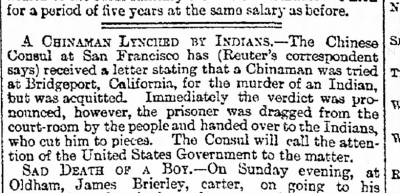 Newspaper article thumbnail: A Chinaman Lynched by Indians from Birmingham Daily Post, 1891-06-16
