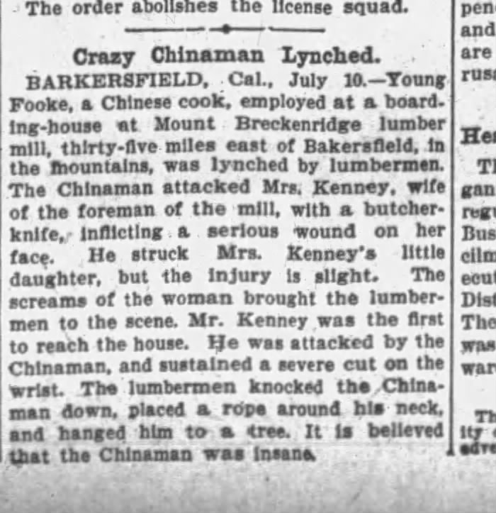 Newspaper article thumbnail: Crazy Chinaman Lynched from The Brooklyn Daily Times, 1901-07-10