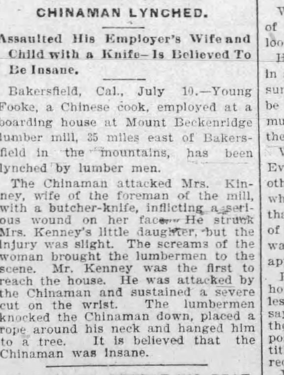 Newspaper article thumbnail: Chinaman Lynched from Fall River Daily Evening News, 1901-07-10