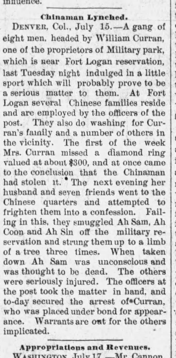 Newspaper article thumbnail: Chinaman Lynched from Beaver Valley Tribune, 1890-07-24