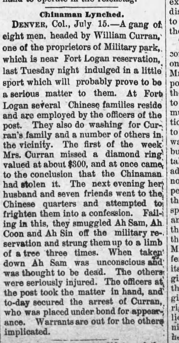 Newspaper article thumbnail: Chinaman Lynched from The Cuba Daylight, 1890-07-18