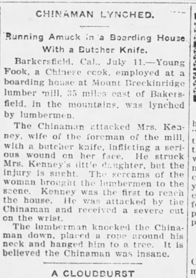 Newspaper article thumbnail: Chinaman Lynched from The Daily Herald, 1901-07-11