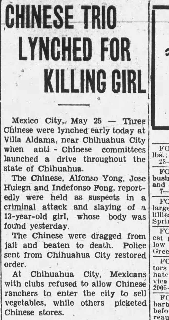Newspaper article thumbnail: Chinese Trio Lynched for Killing Girl from The Daily Advocate, 1933-05-24