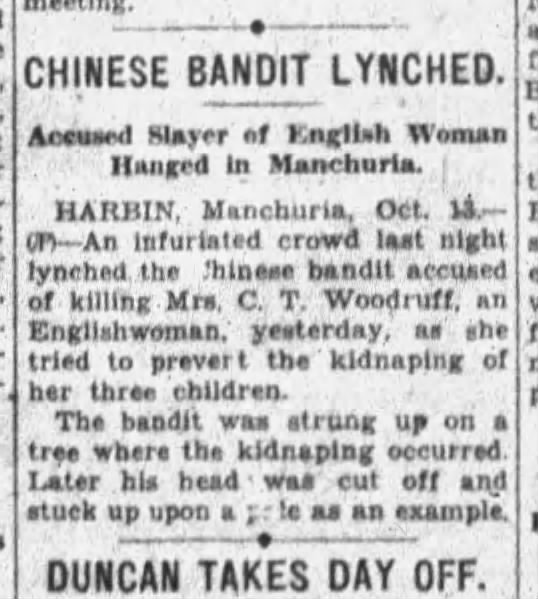 Newspaper article thumbnail: Chinese Bandit Lynched from St. Joseph News-Press, 1932-10-13