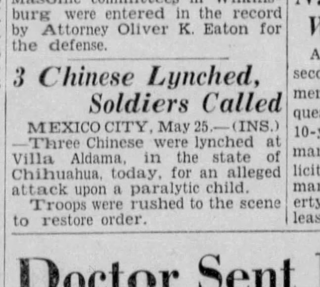 Newspaper article thumbnail: 3 Chinese Lynched, Soldiers Called from Pittsburgh Sun-Telegraph, 1933-05-25