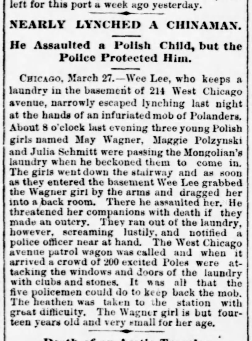 Newspaper article thumbnail: Nearly Lynched a Chinaman from Evening star, 1890-03-27