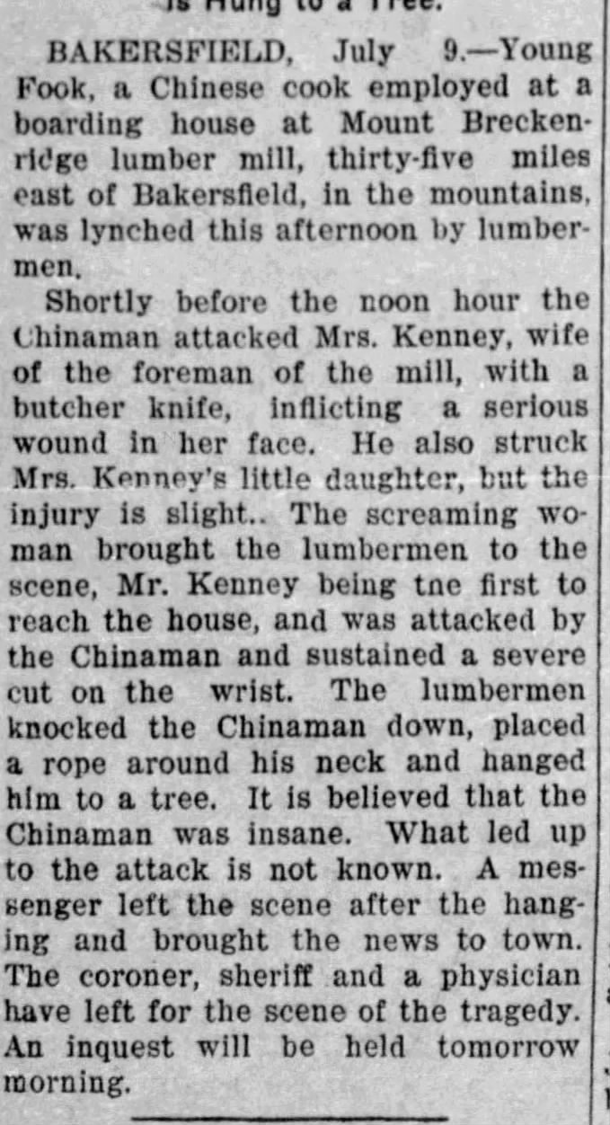 Newspaper article thumbnail: Chinaman Lynched from Visalia Daily Times, 1901-07-10