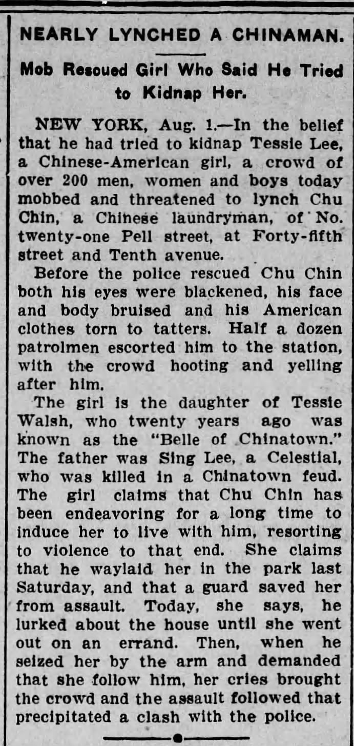Newspaper article thumbnail: Nearly Lynched a Chinaman from The Tribune, 1905-08-02