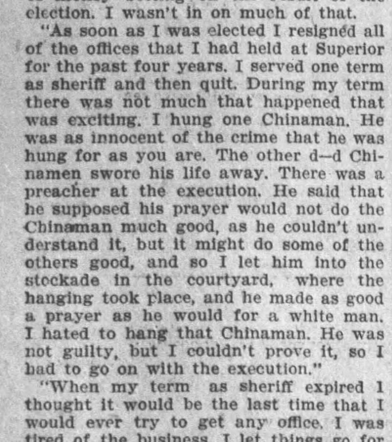 Newspaper article thumbnail: “I hung one Chinaman.” from The Anaconda Standard, 1896-11-19