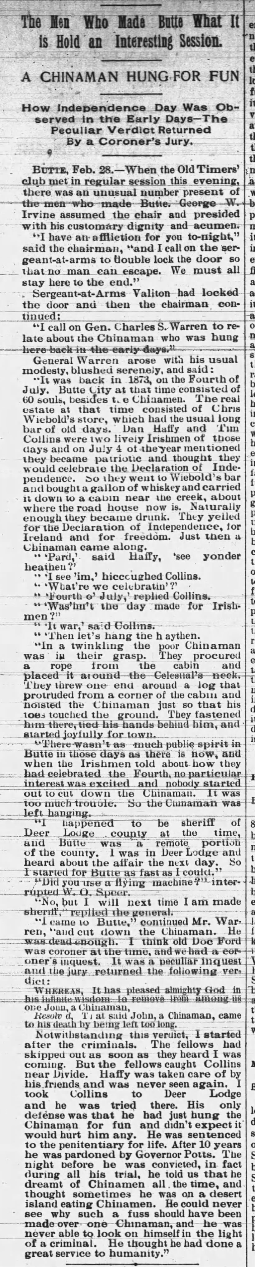 Newspaper article thumbnail: A CHINAMAN HUNG FOR FUN from The Anaconda Standard, 1891-03-01