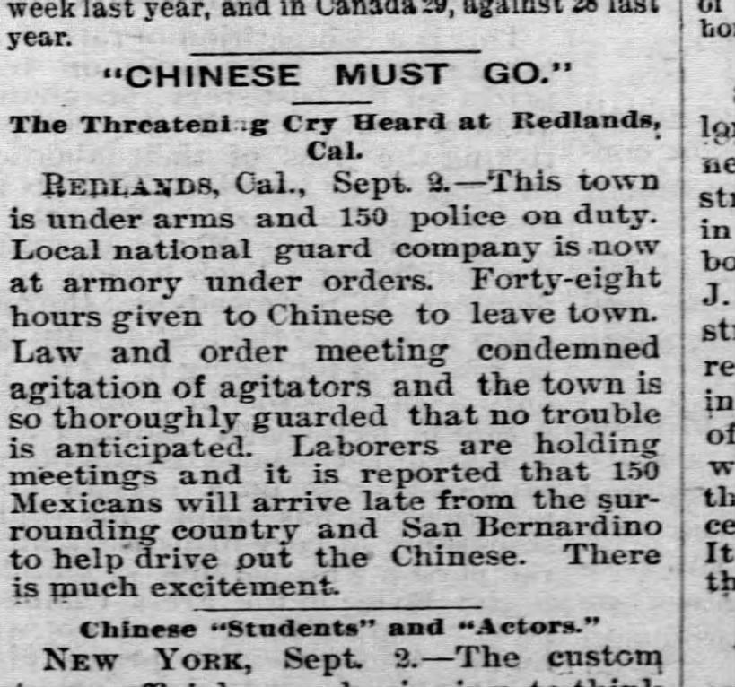 Newspaper article thumbnail: "Chinese Must Go." from Santa Fe Monitor, 1893-09-07
