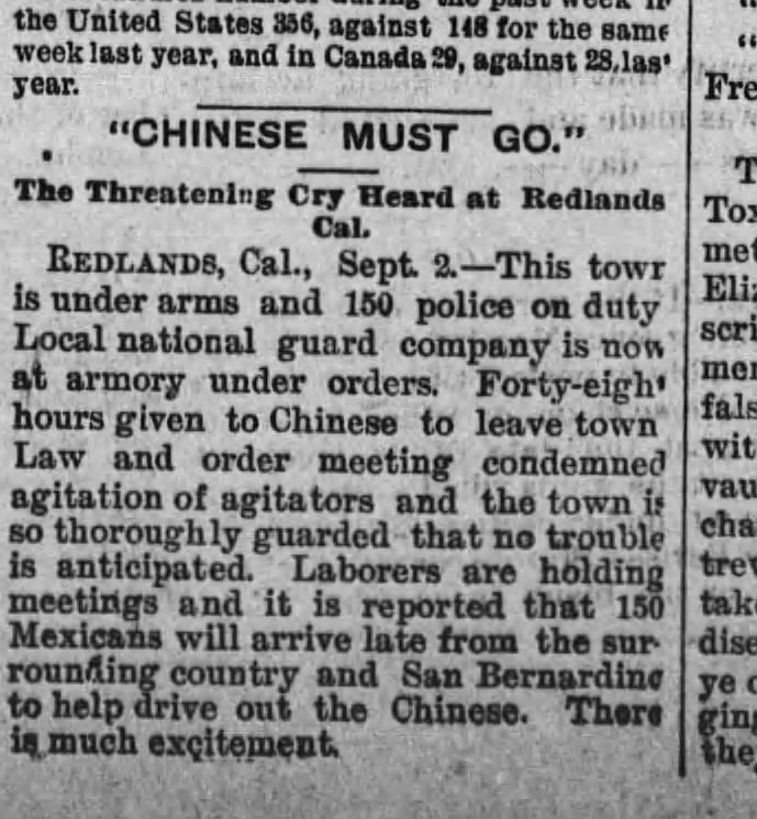 Newspaper article thumbnail: "Chinese Must Go." from The Kiowa News-Review and the Kiowa Record, 1893-09-06