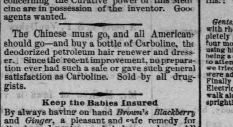 Newspaper article thumbnail: Ad: The Chinese must go from The Millbrook Herald, 1882-09-27