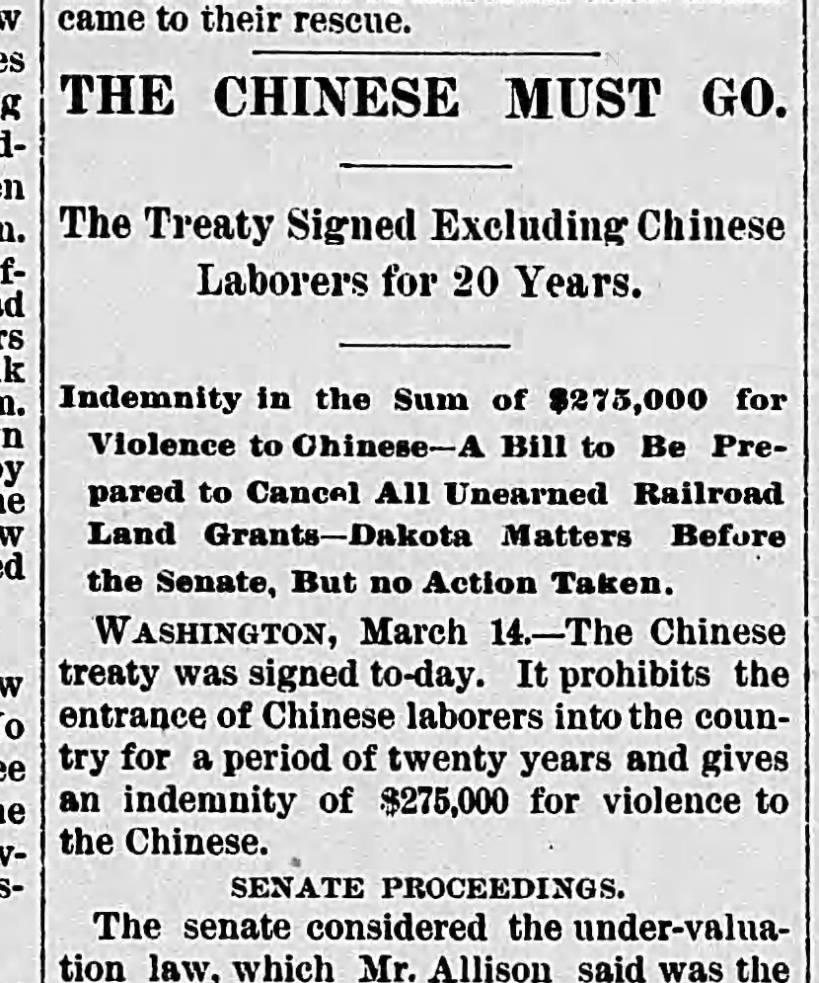 Newspaper article thumbnail: The Chinese Must Go from Bismarck Weekly Tribune, 1888-03-16