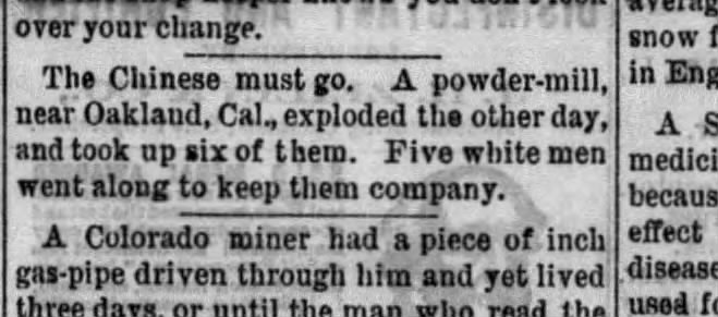 Newspaper article thumbnail: Explosion Kills Chinese Amid Racist Headline from Warrenton Banner, 1882-04-04