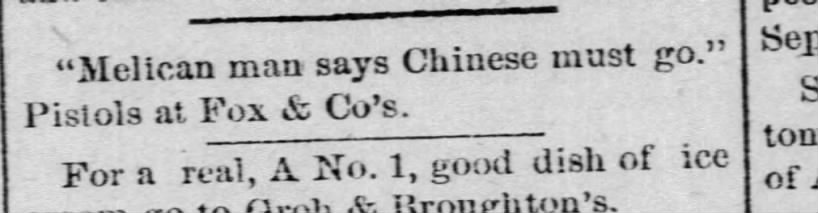 Newspaper article thumbnail: Racist Slogan Used in Advertisement from The Evening News, 1882-06-12