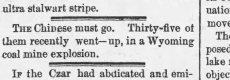 Newspaper article thumbnail: Chinese Workers Killed in Wyoming Mine Explosion from The Kansas City Times, 1881-03-14