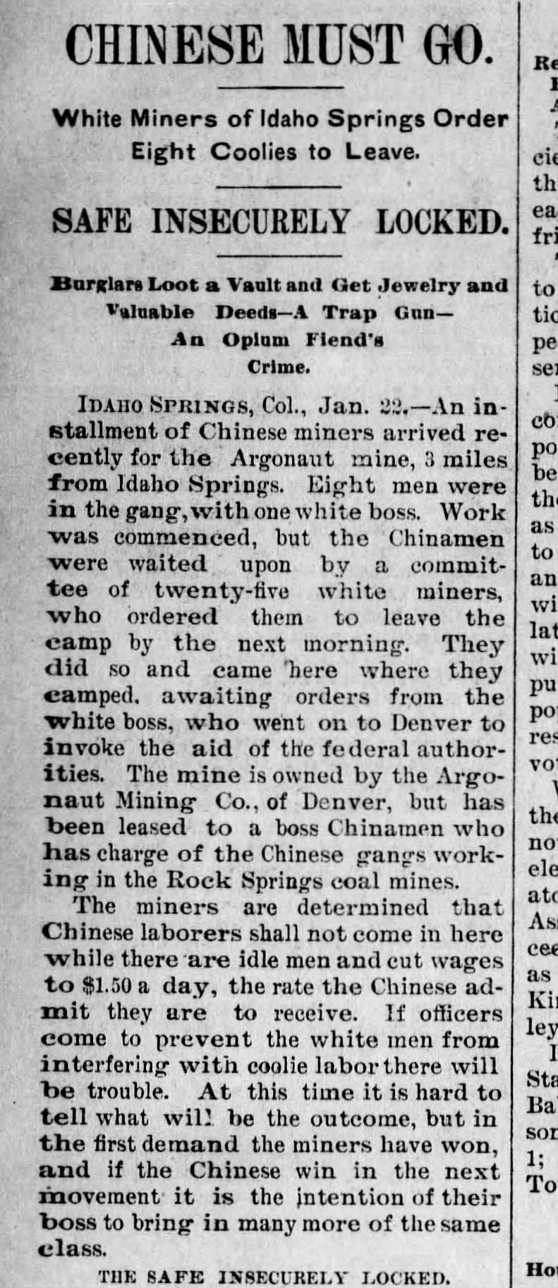 Newspaper article thumbnail: Chinese Must Go: Idaho Miners Expel Chinese Laborers from Great Bend Beacon, 1895-01-24