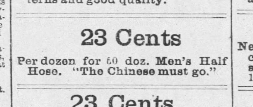 Newspaper article thumbnail: Ad for Half Hose With Racist Slogan from Lincoln Journal Star, 1885-09-01