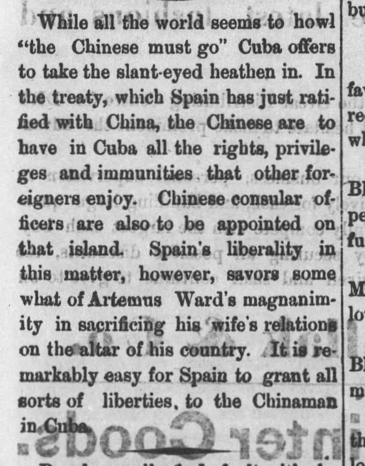 Newspaper article thumbnail: Cuba Welcomes Chinese Laborers Amid Exclusion Elsewhere from The Autauga Citizen, 1879-02-13