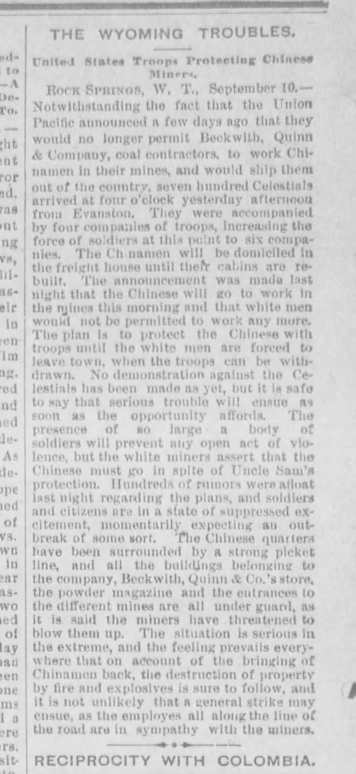 Newspaper article thumbnail: U.S. Army Protects Chinese Miners Amid Tensions in Wyoming from Ness County News, 1885-09-19
