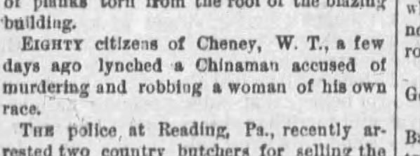 Newspaper article thumbnail: Cheney Mob Lynches Chinese Man for Alleged Murder from The Paxton Record, 1883-01-11