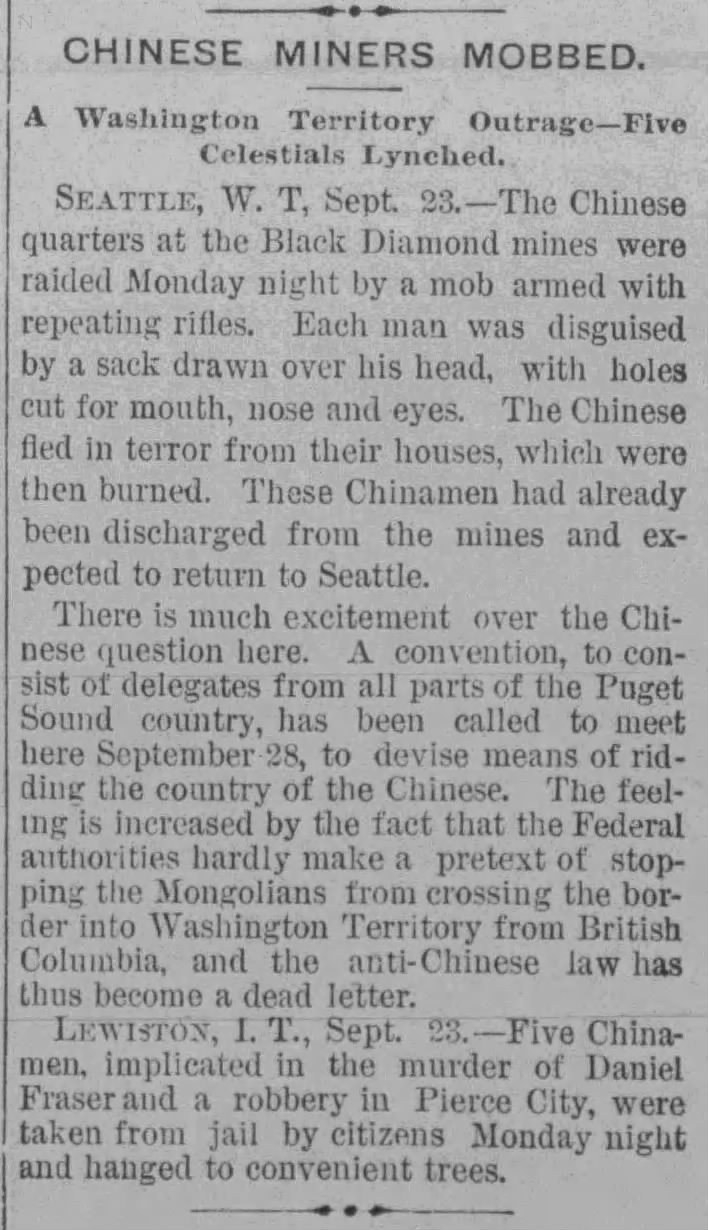 Newspaper article thumbnail: Chinese and Chinese-Americans Lynched in Washington and Idaho from The Times, 1885-09-25