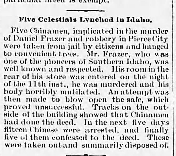 Newspaper article thumbnail: Chinese Lynched, Others Arrested in Idaho from Emmons County Record, 1885-09-30
